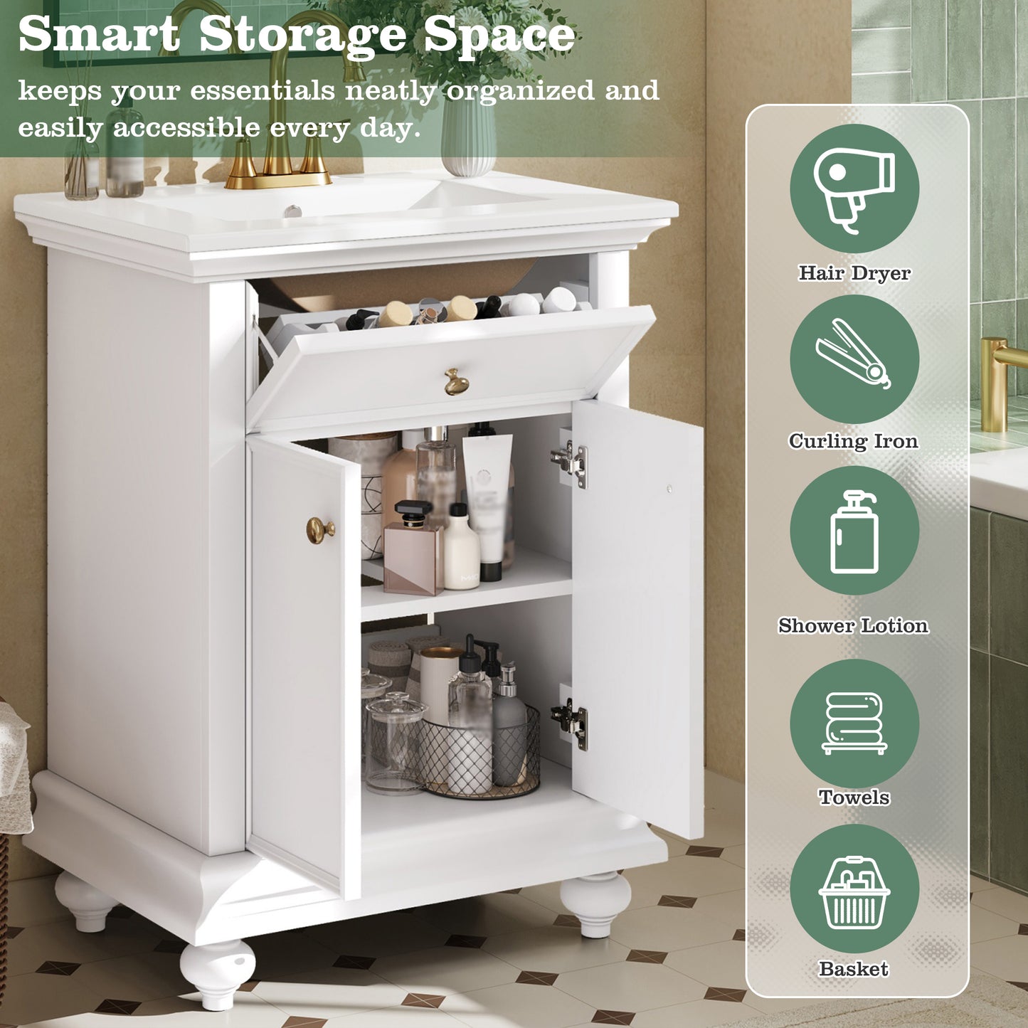 24" Modern Bathroom Vanity with Tip-Out Drawer - White