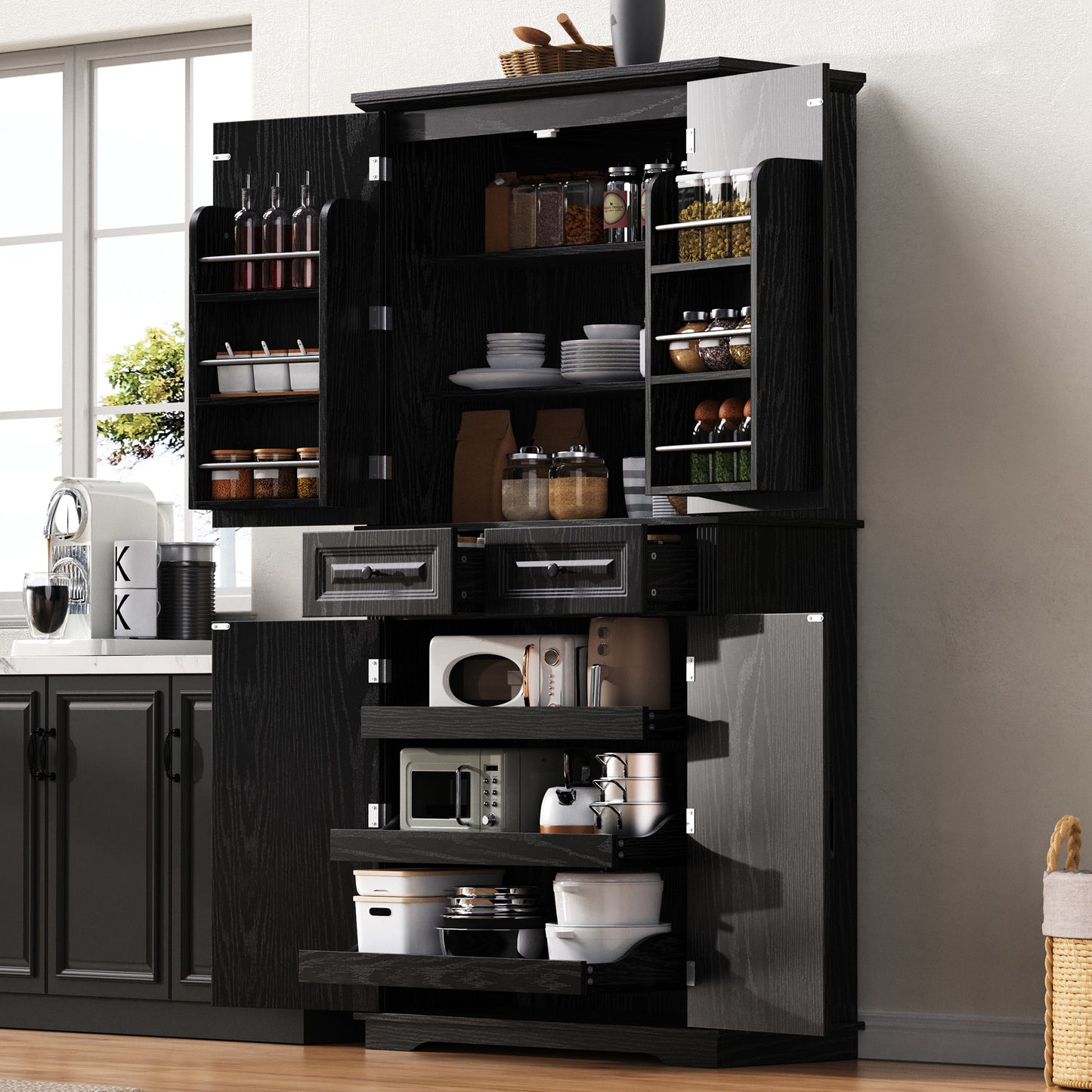 K&K 71 Tall Kitchen Pantry Cabinet With 3 Pull Out Organizers,