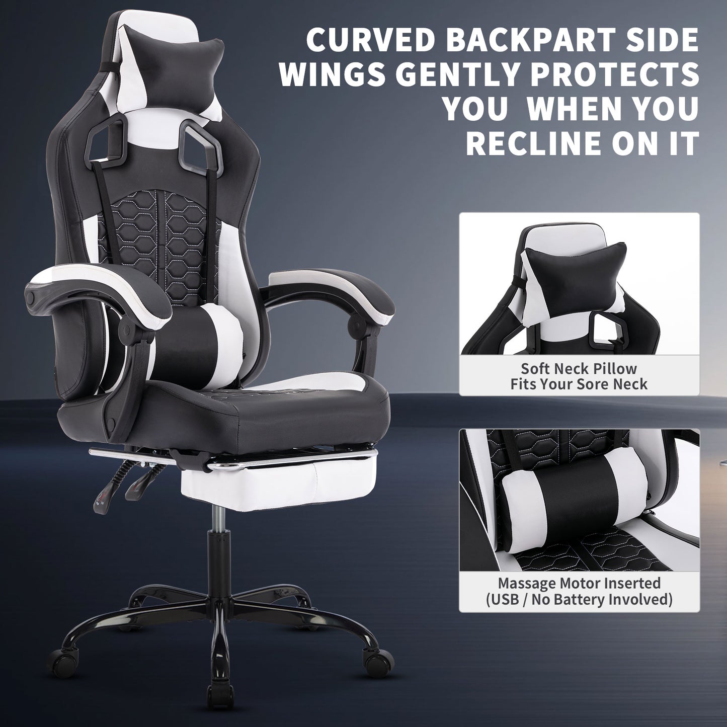 Ergonomic Gaming Chair with Massage & Footrest - Black & White