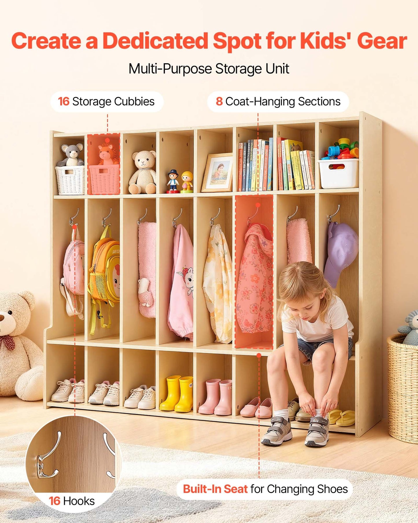 Kids Wooden Coat Locker with 16 Hooks & Open Storage Cubes - Toddler Organization