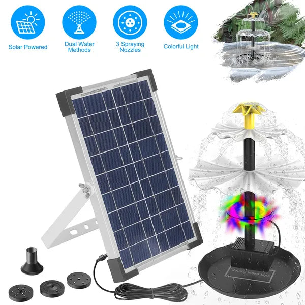 Solar Bird Bath Fountain Water Pump with Colorful LED Lights & Nozzles