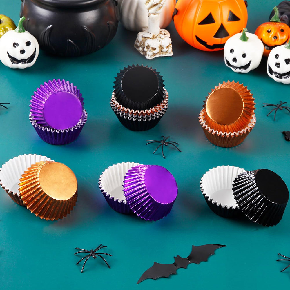 300 Pcs Halloween Foil Cupcake Liners - Black, Purple, Orange