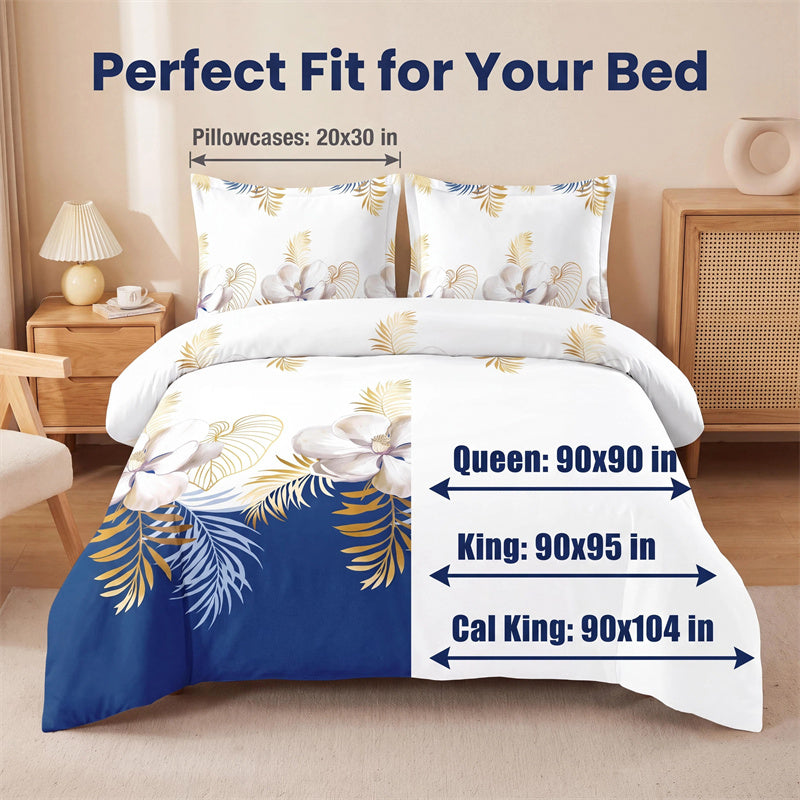 3-Piece Navy Blue & Gold Tropical Floral Duvet Cover Set