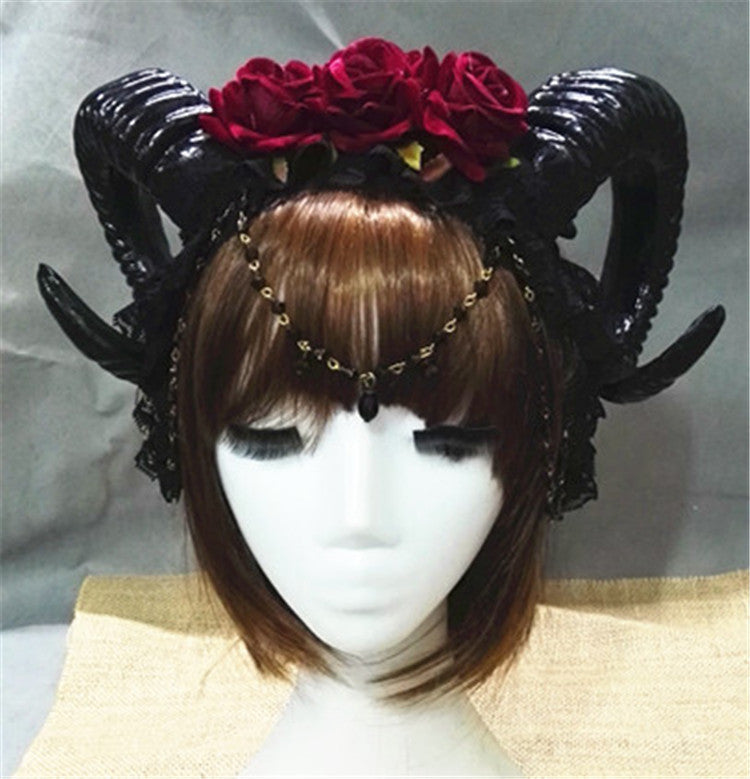 Halloween Vampire Headband with Roses and Horn Veil - Festive Hair Accessory
