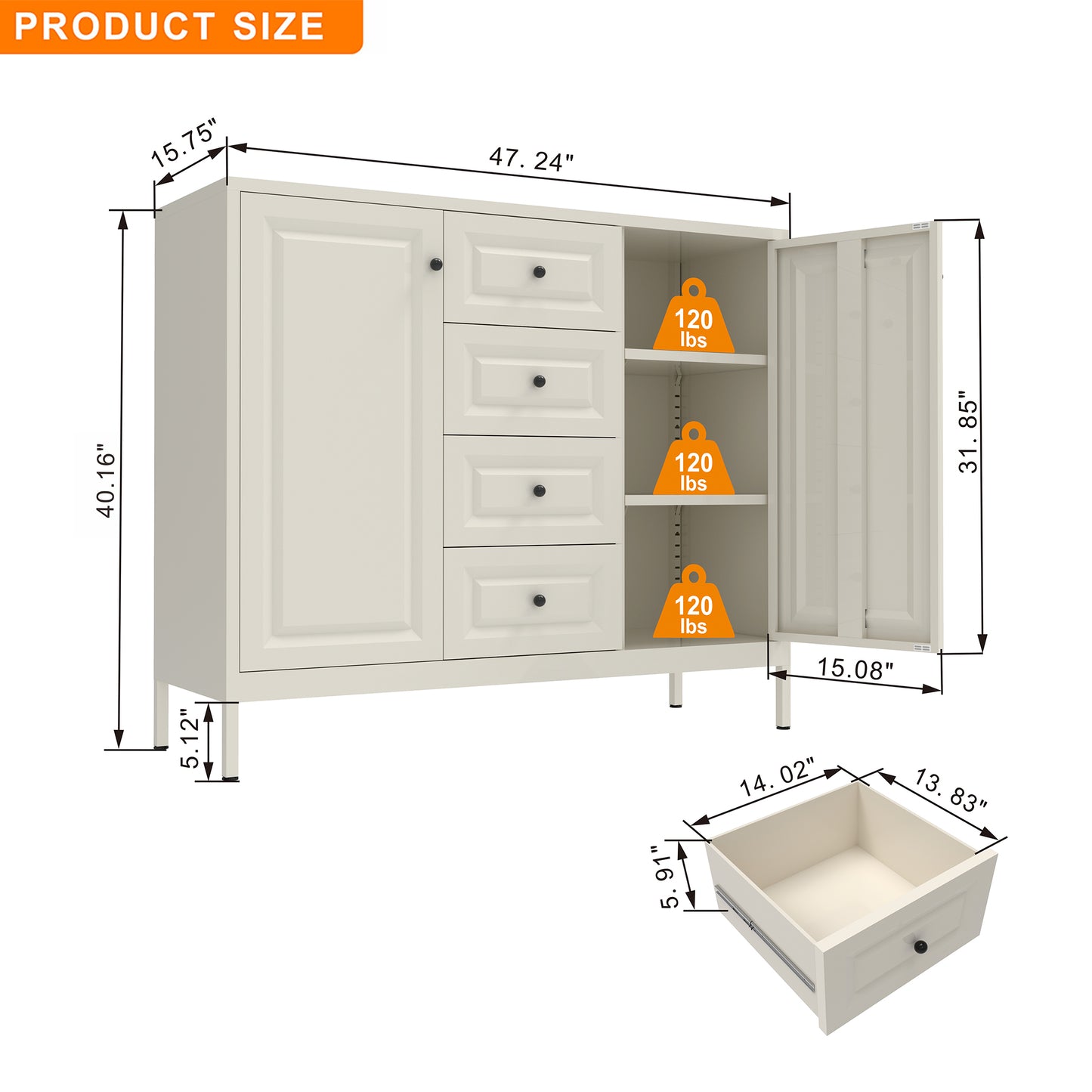 Beige 40.16'' Storage Sideboard Buffet Cabinet with 4 Drawers & 2 Doors