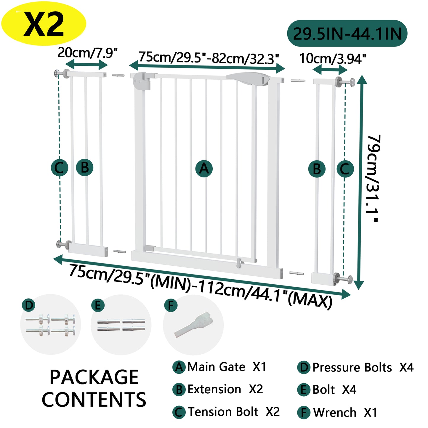 2-Pack Pressure-Mounted Baby Gate for Stairs & Doorways - White