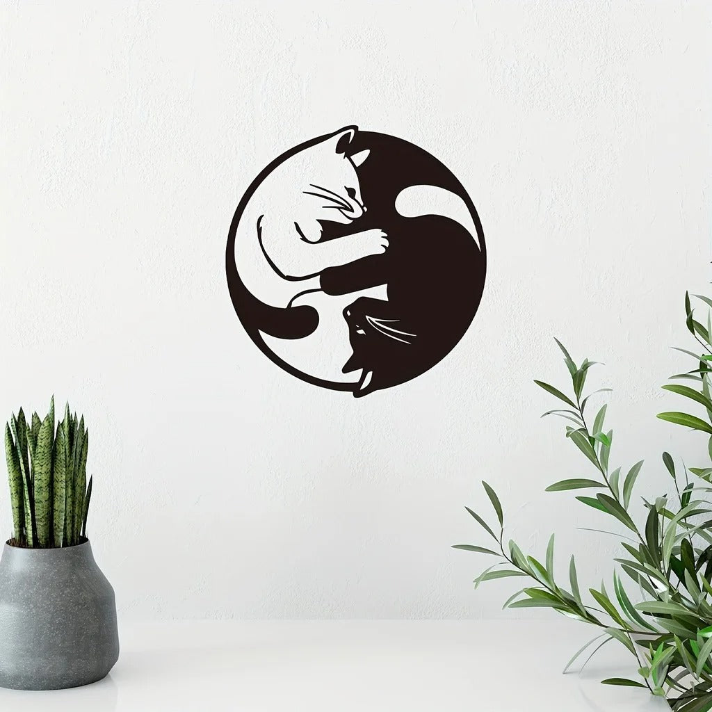 Yin Yang Cat Wall Art Sculpture - Handmade Wrought Iron Decor