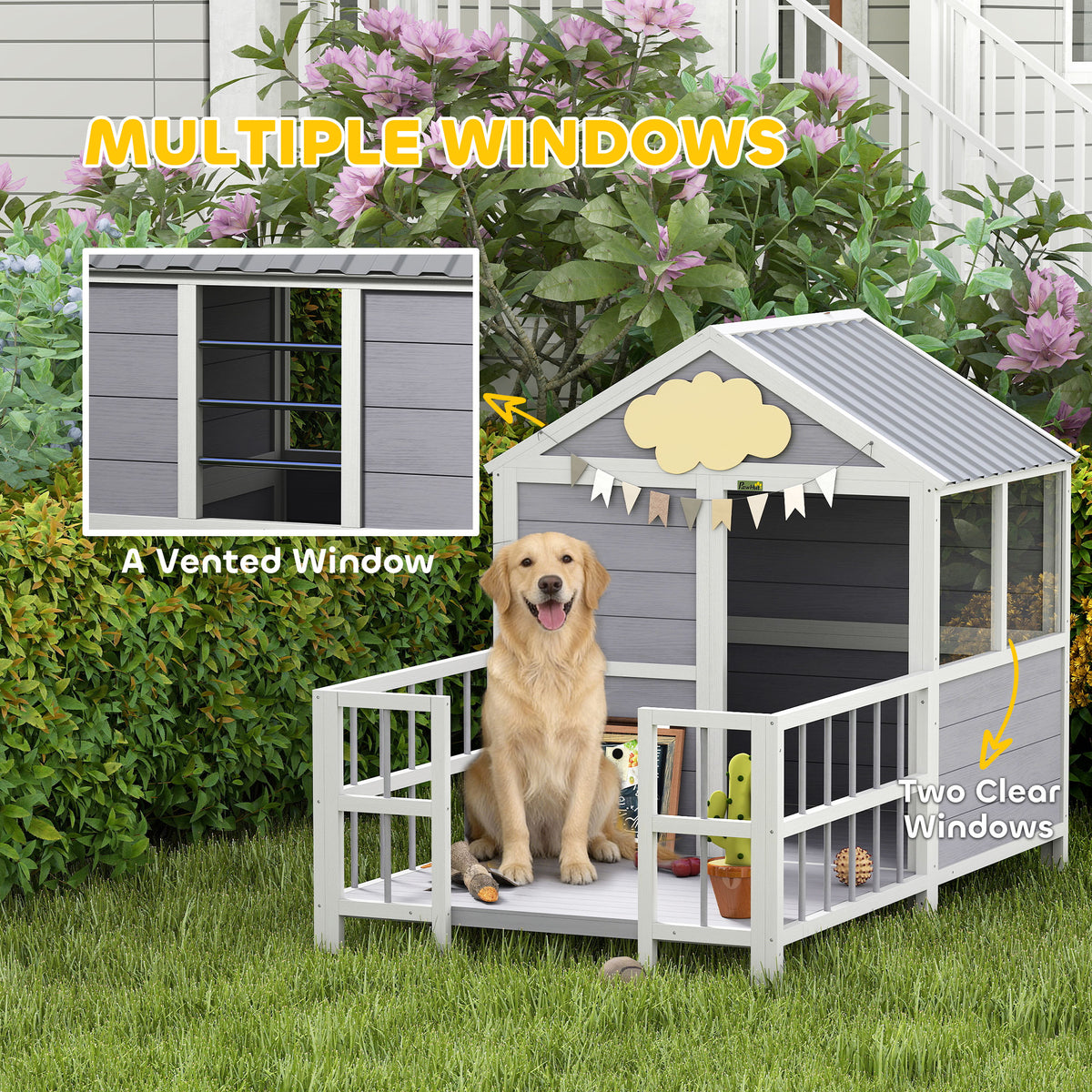 Large Wooden Outdoor Dog House with Porch & Weatherproof Roof - Gray