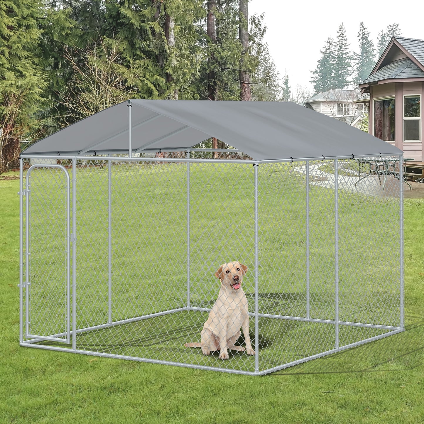 Large Outdoor Dog Kennel with Galvanized Steel Fence and Cover - Heavy Duty, Rainproof, Lockable Door, 9.8 x 9.8 x 7.7 ft