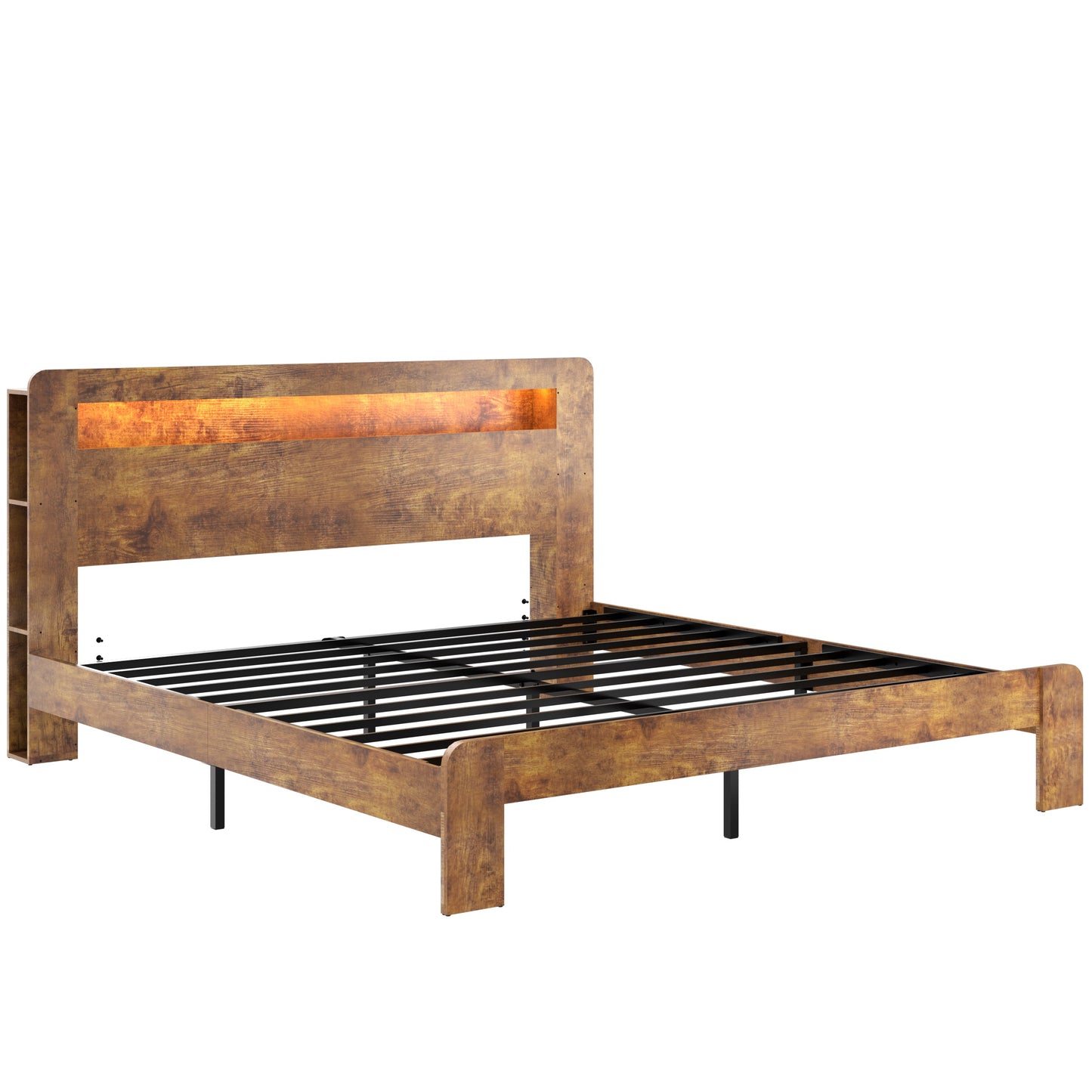 King Wood Bed Frame with LED Headboard, USB Ports & Storage