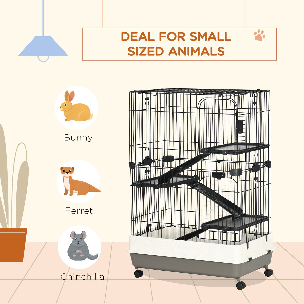 32-Inch Small Animal Cage with Wheels, Slide-Out Tray for Rabbits, Chinchillas, Ferrets - Black