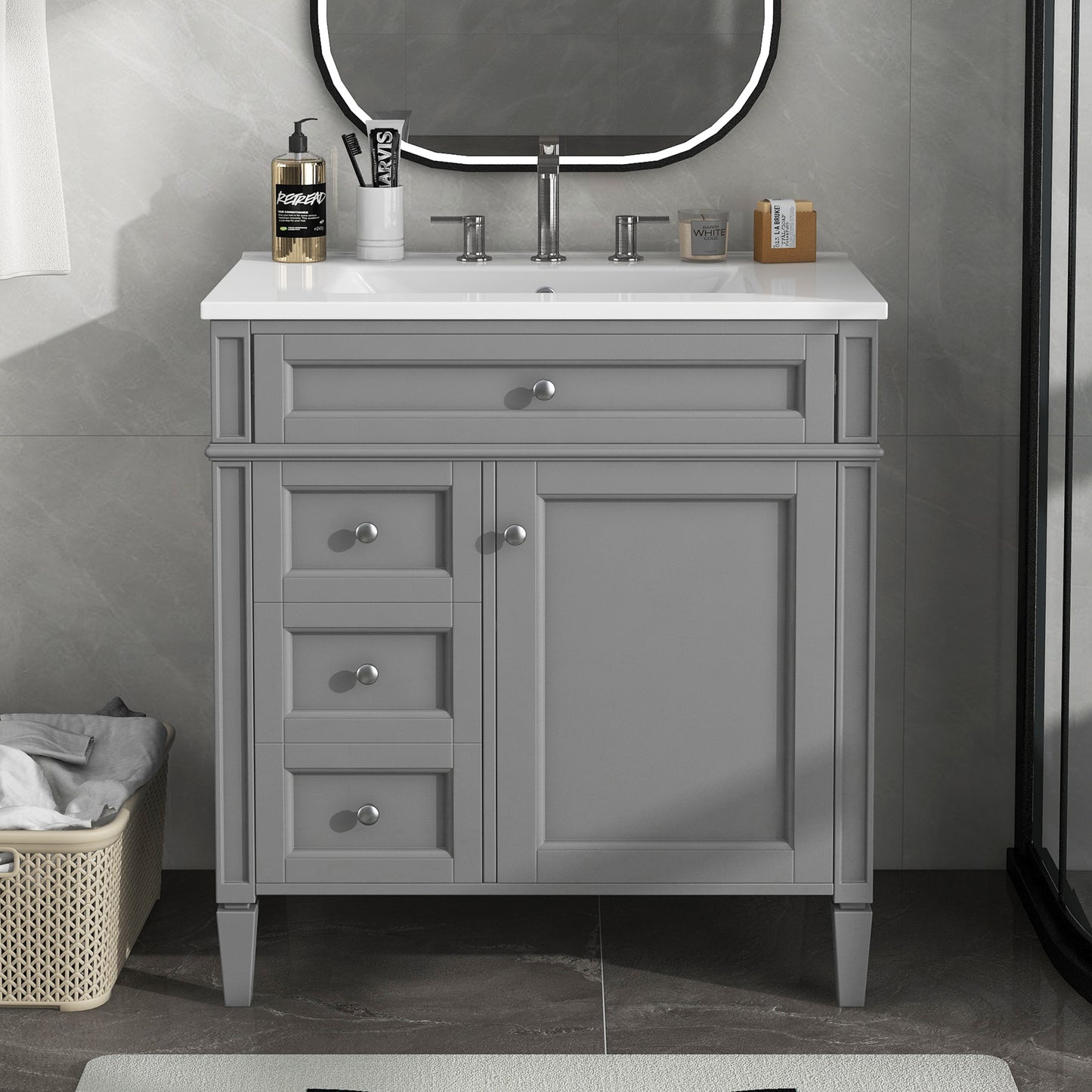 30'' Modern Bathroom Vanity with Sink & 3 Drawers - Grey