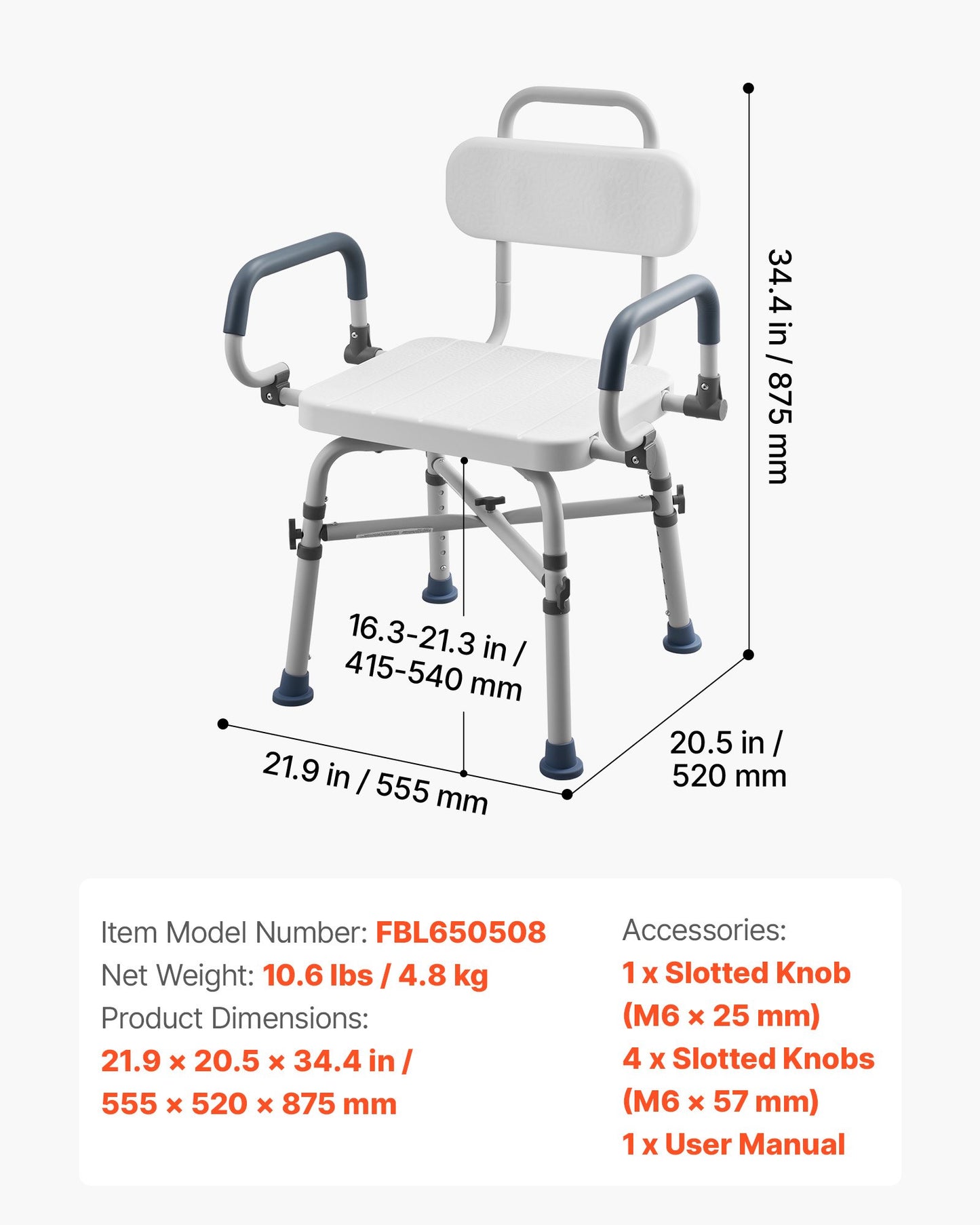Heavy Duty Swivel Shower Chair with Arms & Back - 500 Lbs Capacity, Adjustable Bath Seat for Adults & Seniors