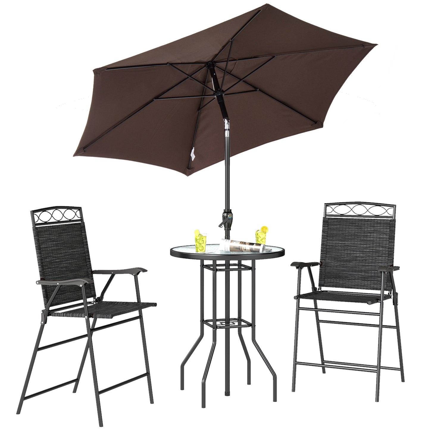 4-Piece Outdoor Bar Set with Umbrella & Folding Chairs - Black