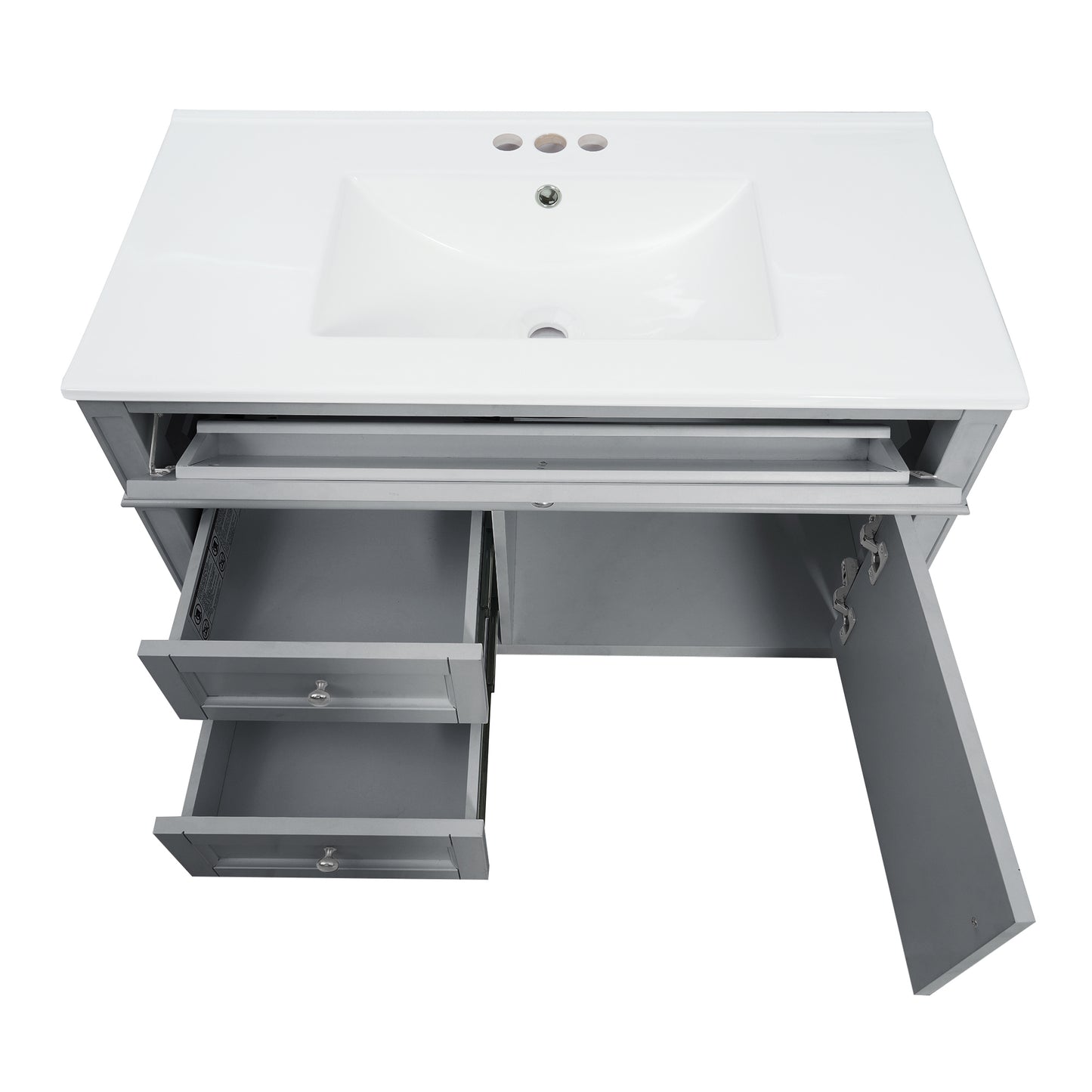36-Inch Wall-Mounted Bathroom Vanity with Ceramic Sink & Drawers - Gray