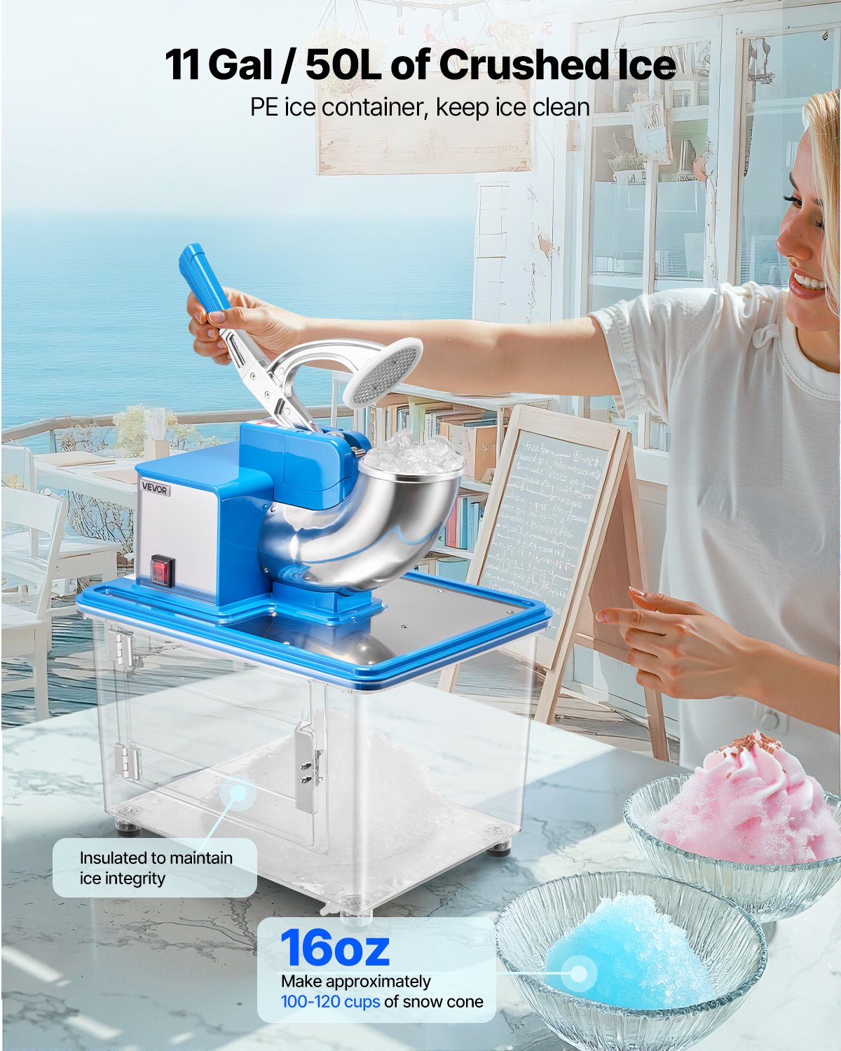 Electric Snow Cone Maker with 661LBS/H Ice Crusher Blue - Commercial Kitchen Appliance