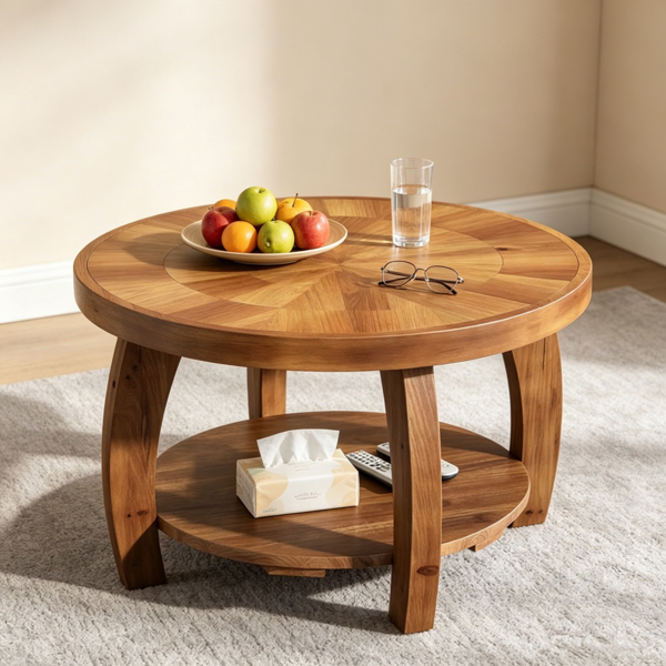 Round Solid Wood End Table with Two-Tiered Storage
