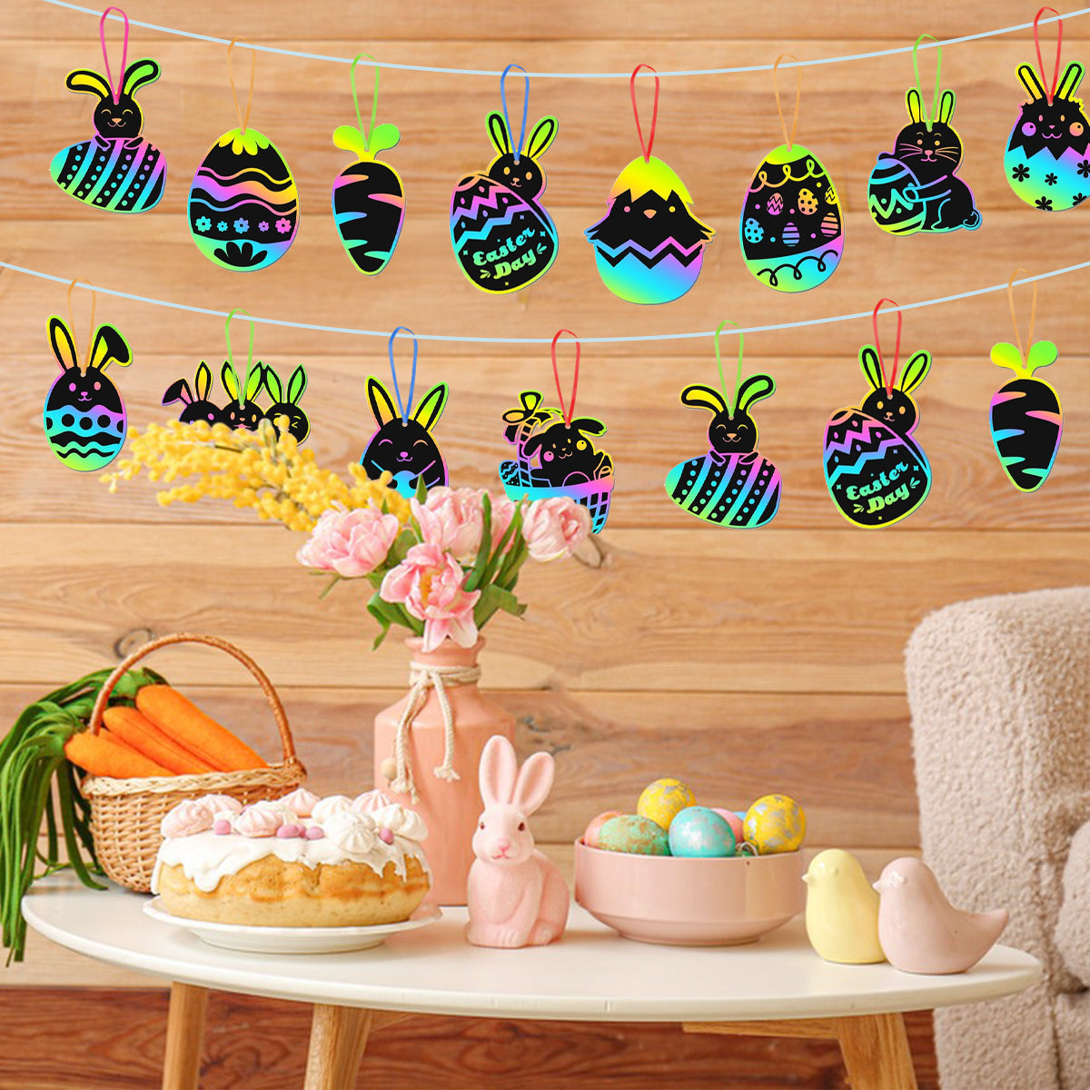 80 Pcs Easter Scratch Art Set - Paper Ornaments with Ropes & Sticks