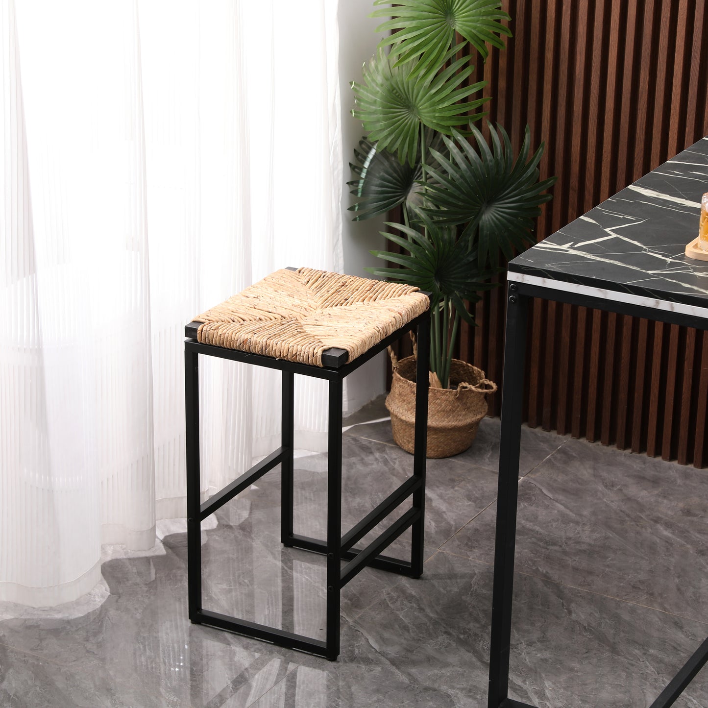 Set of 2 Natural Water Hyacinth Backless Bar Stools with Footrest