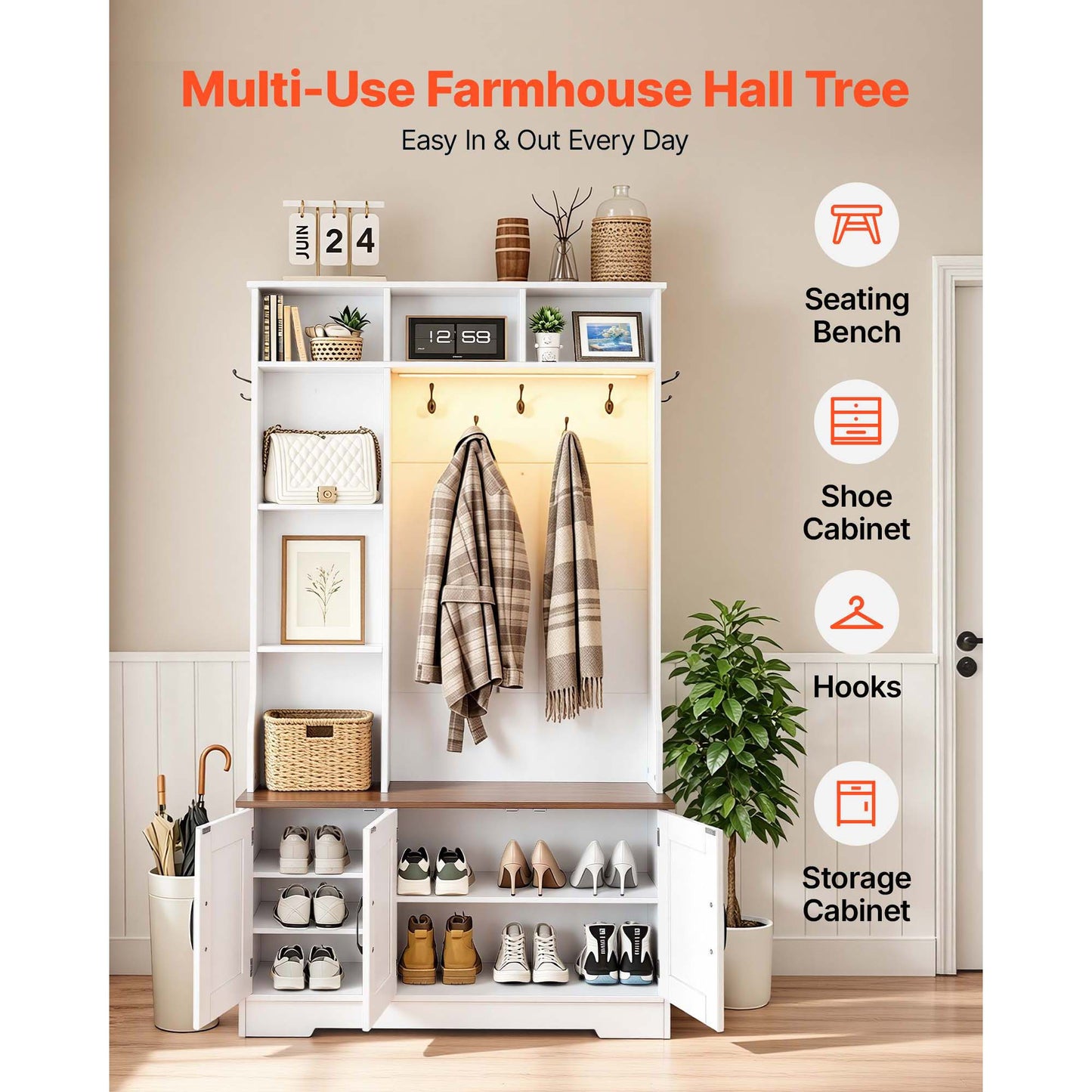 Hall Tree with Bench and Shoe Storage - 39-Inch Entryway Organizer with LED Light, Hooks, Shelves, White