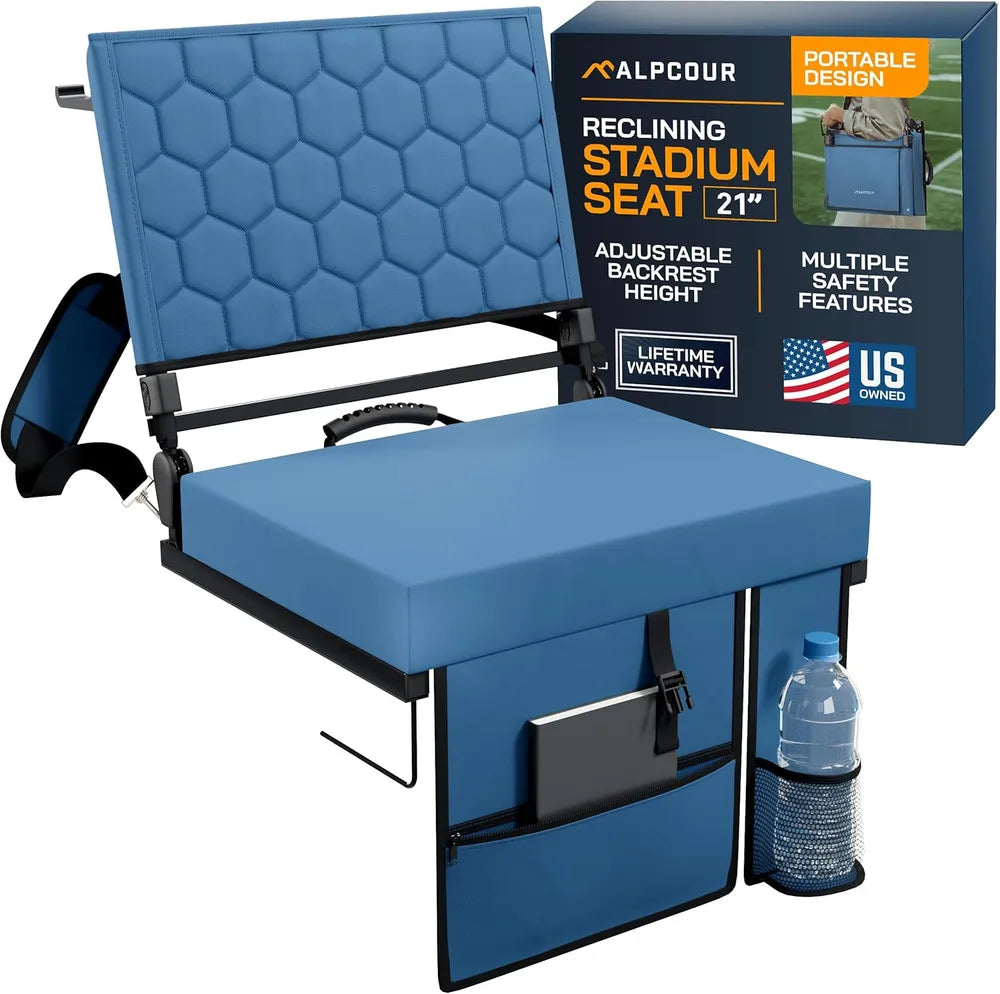 Folding Reclining Stadium Seat with Back Support - Navy Blue, 21" Wide