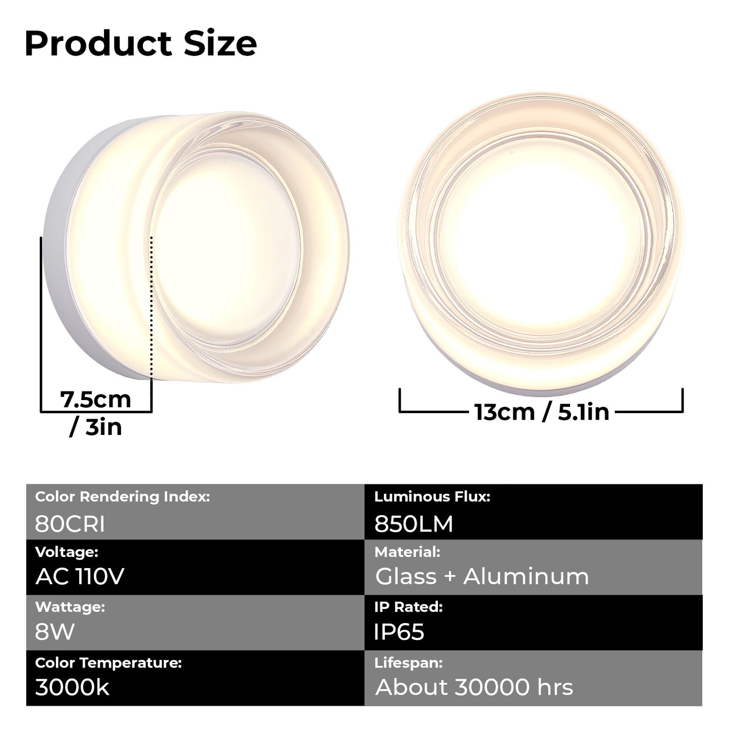 White LED Wall Sconce - Indoor Outdoor Round Glass Light for Living Room Bathroom Porch