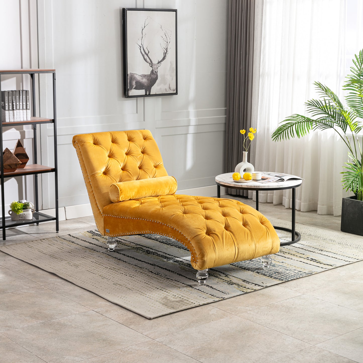Mustard Velvet Chaise Lounge Chair - Button-Tufted Upholstered Design