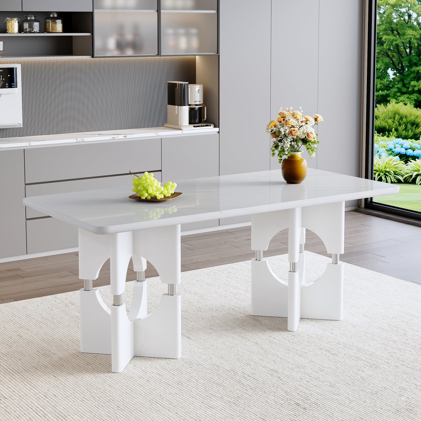 Modern White MDF Dining Table with Marble Pattern & Metal Frame