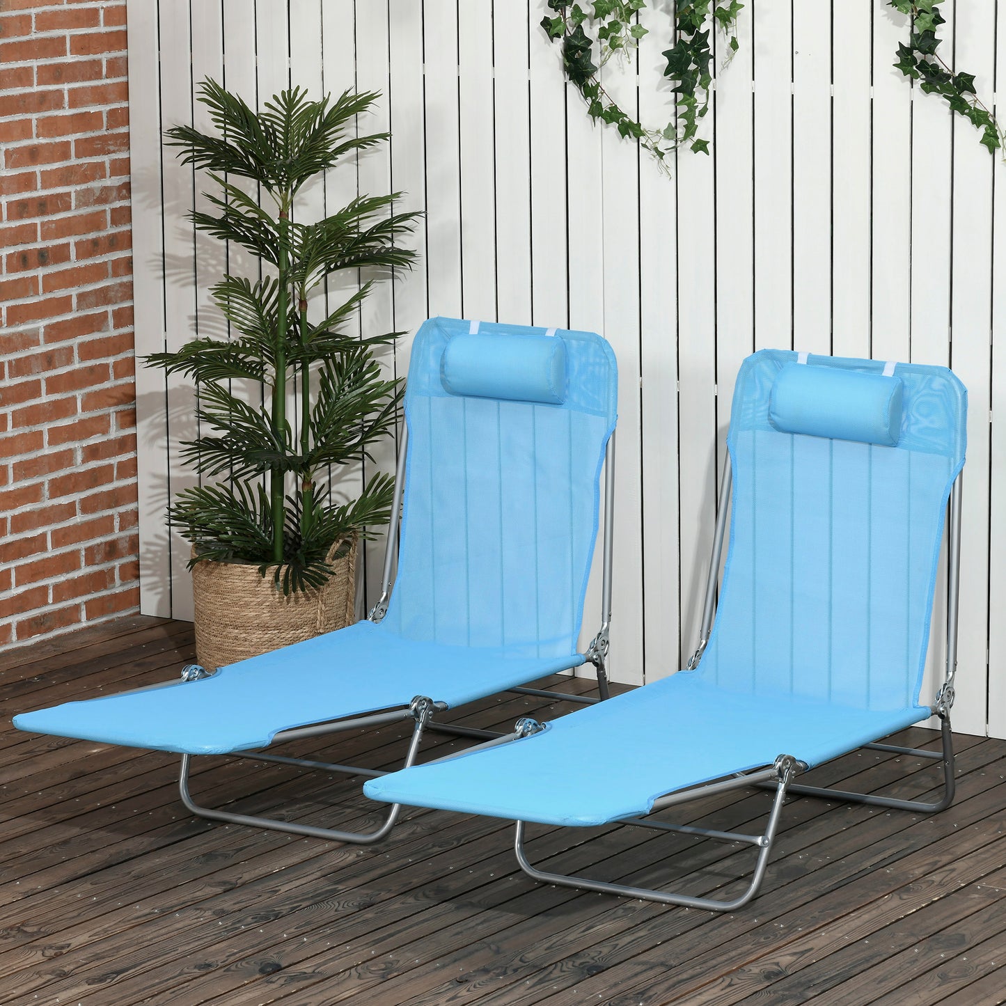 2-Piece Folding Lounge Chairs Set - Blue Mesh with Reclining Back