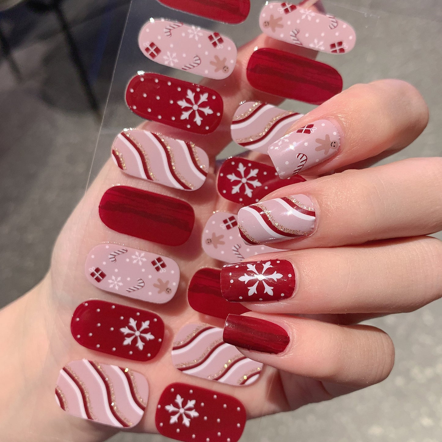 Christmas Nail Stickers Set - Holiday Checkerboard Star Candy Designs for Manicure