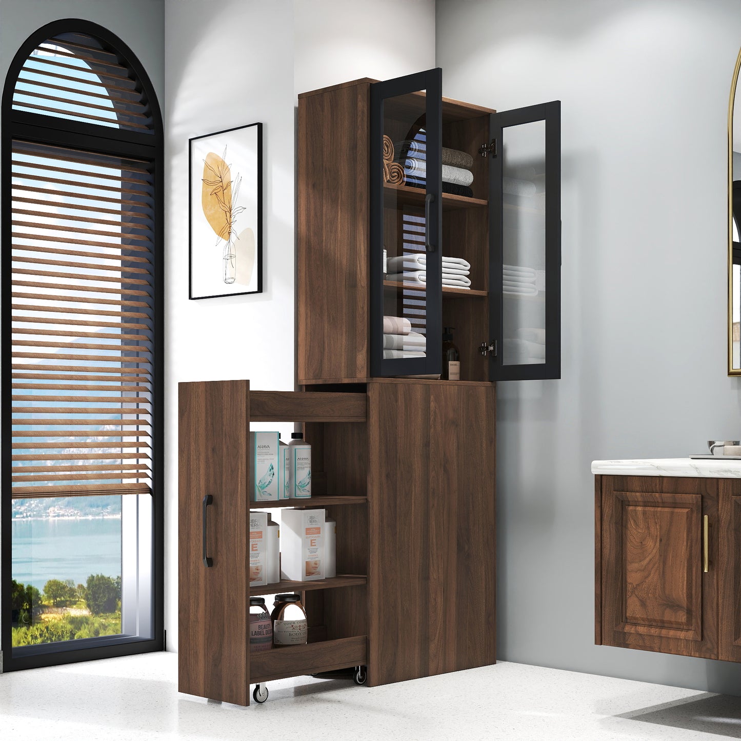 70.87" H Walnut Display Storage Cabinet - 4-Tier with Glass Doors