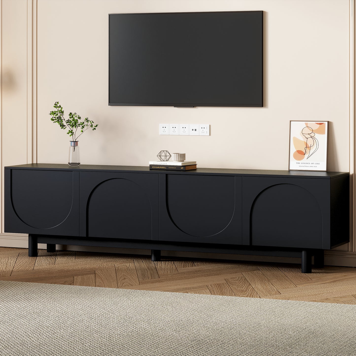 Minimalist TV Stand with Arch Cabinets for TVs Up to 78" - Black