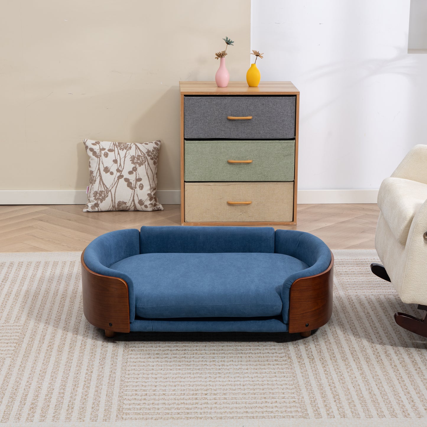 Large Scandinavian Style Elevated Dog Bed with Velvet Cushion and Solid Wood Legs