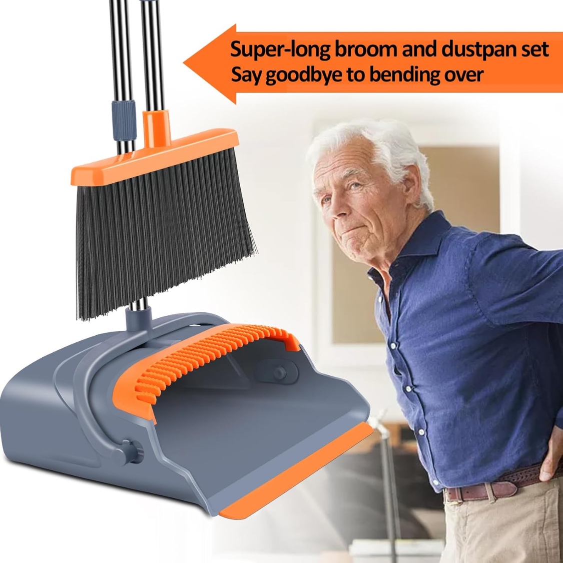 Self-Cleaning Broom and Dustpan Set with Extendable Pole - Indoor & Outdoor Sweeping