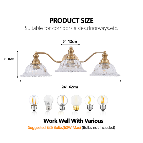 24 Inch 3-Light Vintage Bathroom Wall Sconce - Golden Metal & Glass Vanity Light