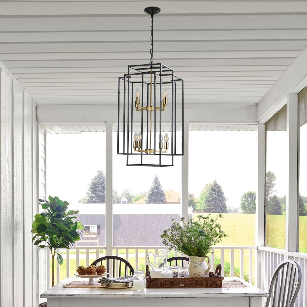 Modern 8-Light Black Gold Geometric Pendant Chandelier