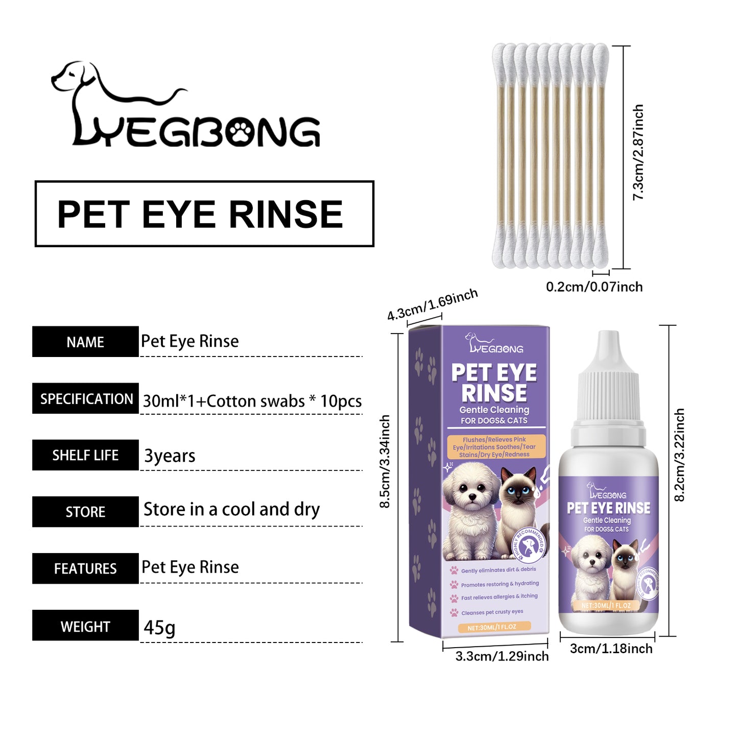 Pet Eye Rinse Solution for Dogs & Cats with Hyaluronic Acid & Honeysuckle 30ml + Cotton Swabs