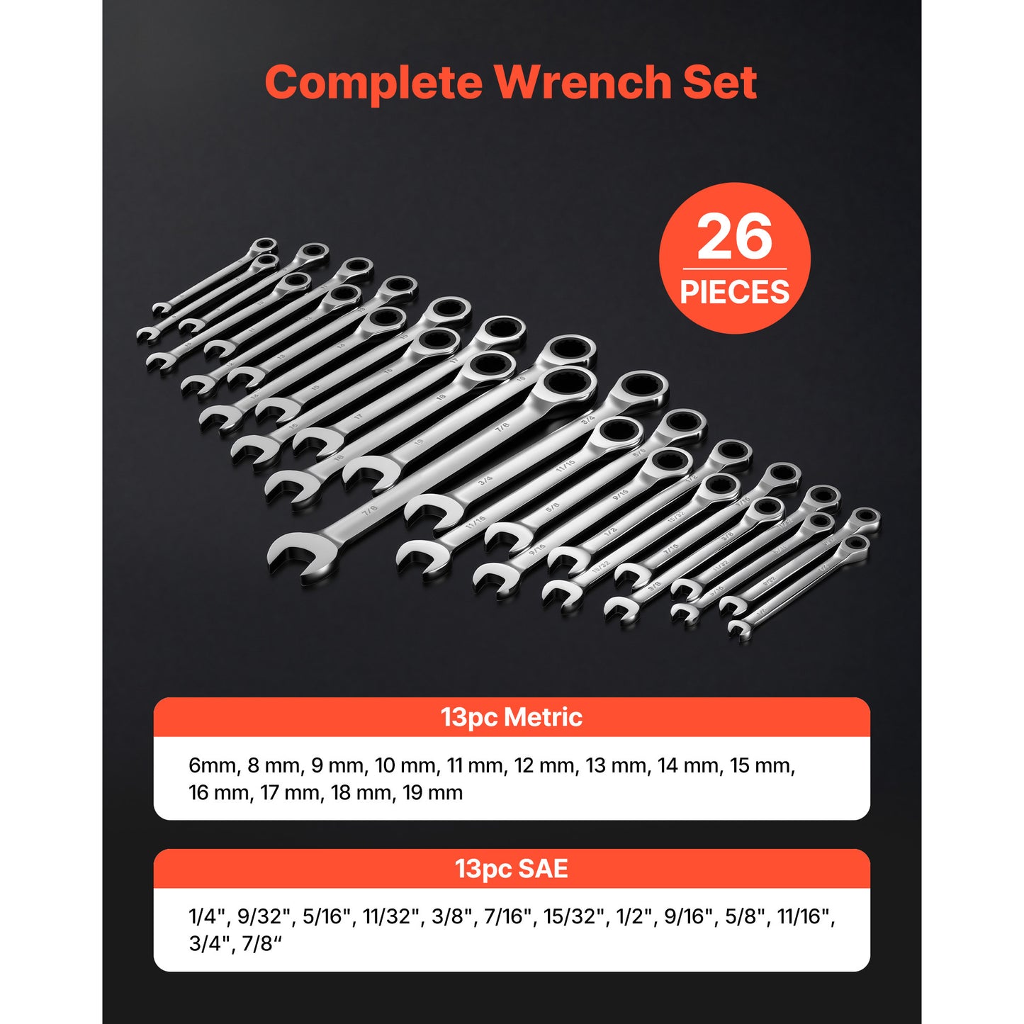 26-Piece Combination Wrench Set with Open End & Ratcheting Design - SAE & Metric, Cr-V Steel, Organizer, Clear Size Labels