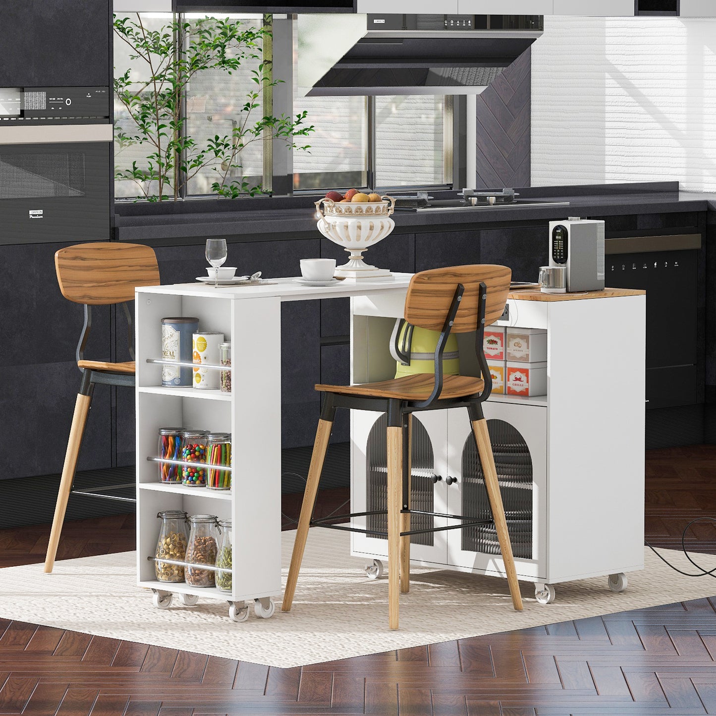K&K Rolling Kitchen Island With Extended Table,Kitchen On Wheels LED
