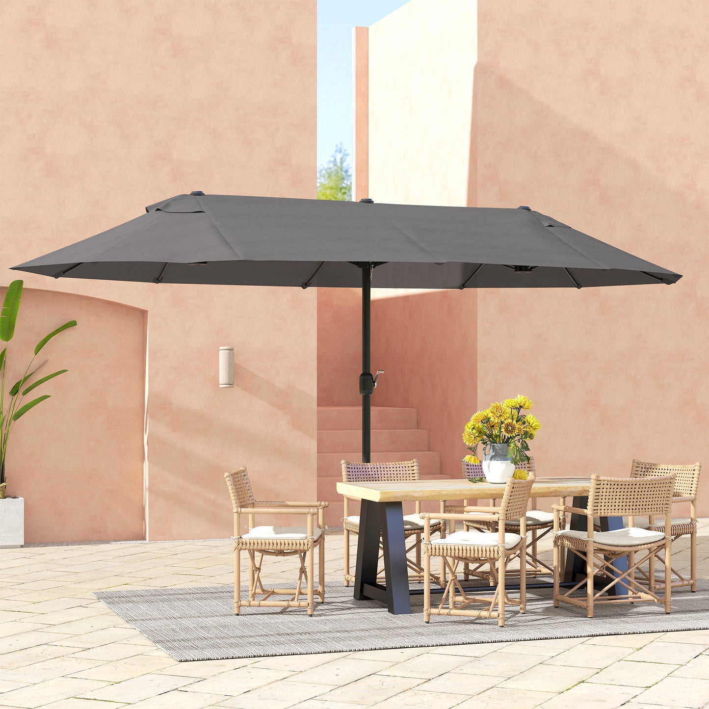 15 ft Double-Sided Patio Umbrella with Crank Handle - Gray