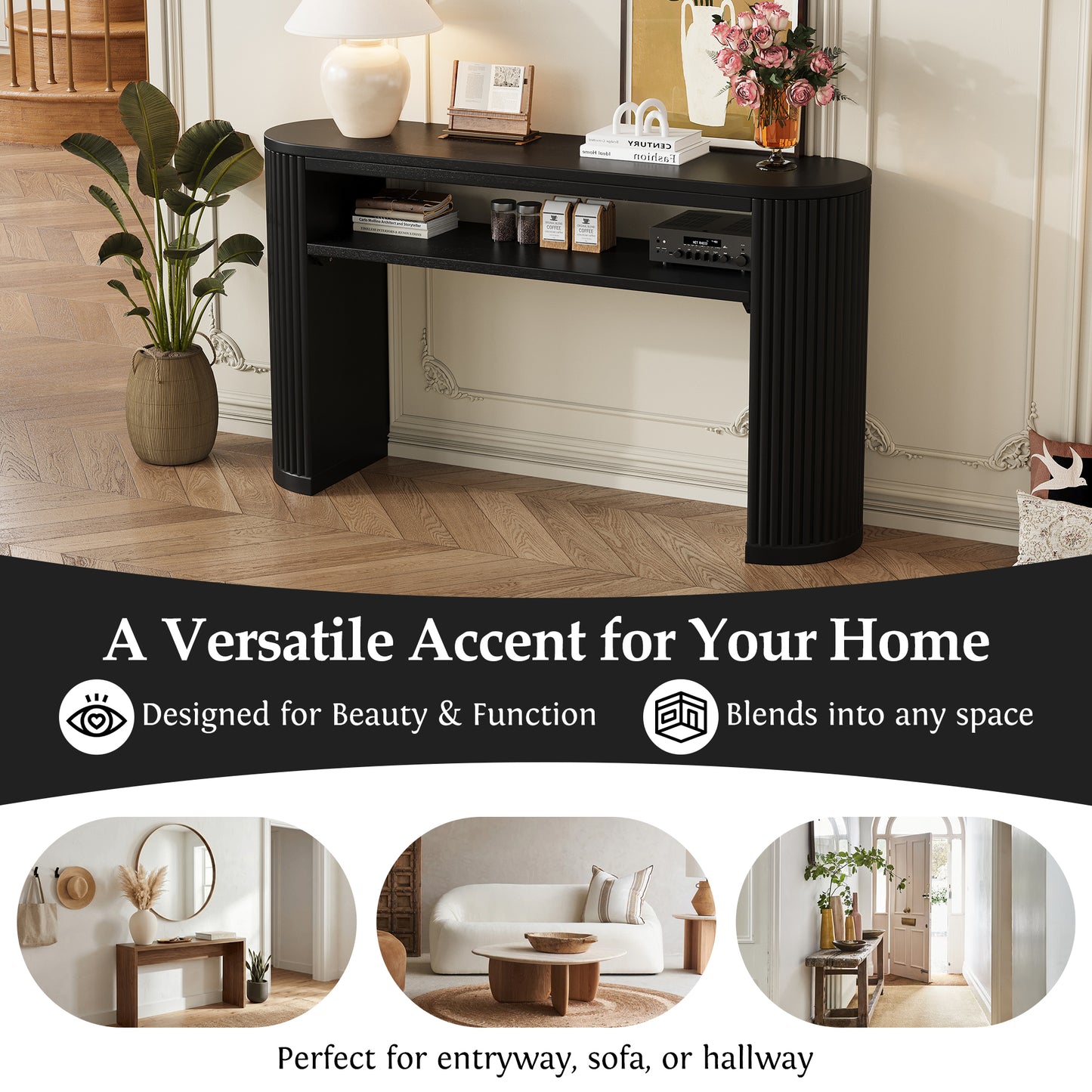 Rustic Console Table with Fluted Legs - Vintage Oval Sofa Table