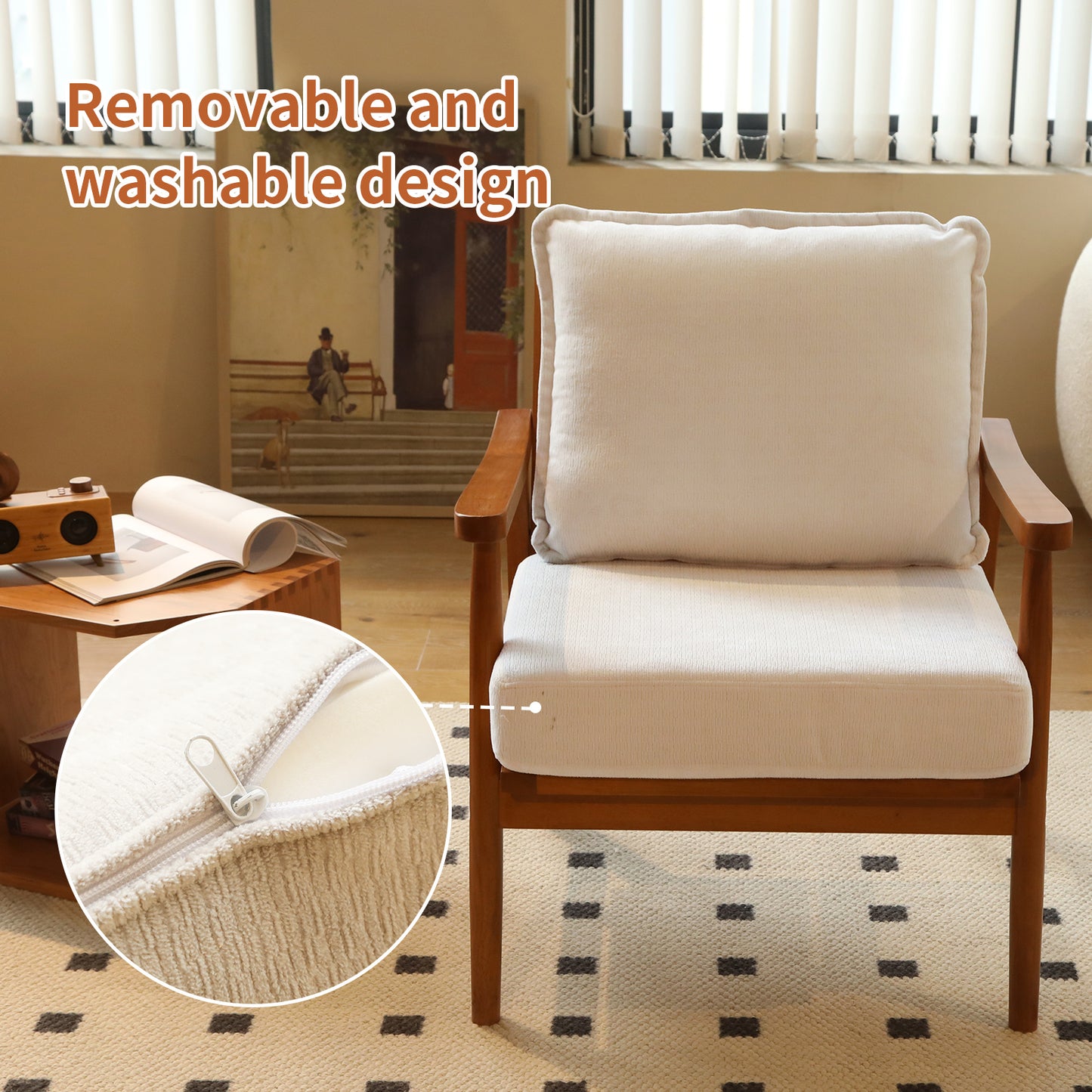 Accent Chair with Solid Wood Frame - White Fabric Cushion