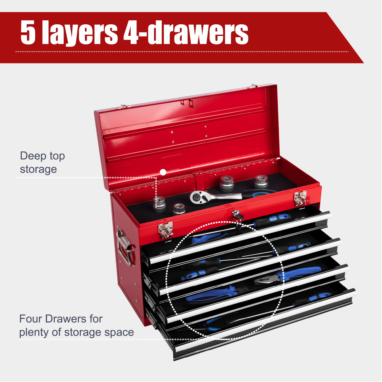 Heavy Duty Metal Tool Box 21-Inch with 4 Drawers, Locking & EVA Liners - Portable Steel Organizer, Red & Black