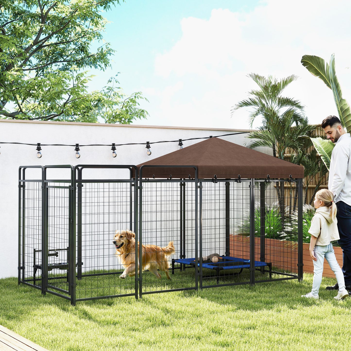 Outdoor Dog Kennel with Waterproof Canopy, Large & Medium Breeds, Secure Lock