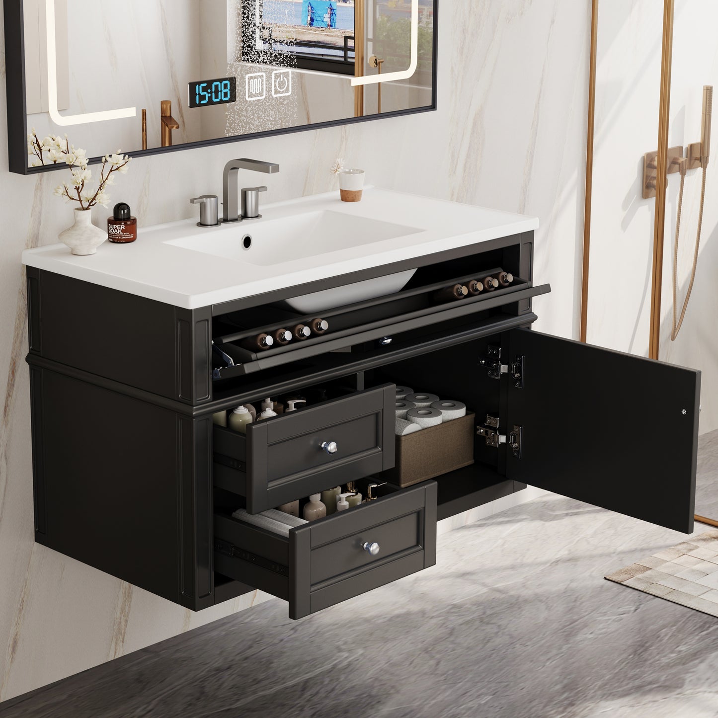 36-Inch Wall Mounted Bathroom Vanity with Ceramic Sink - Black