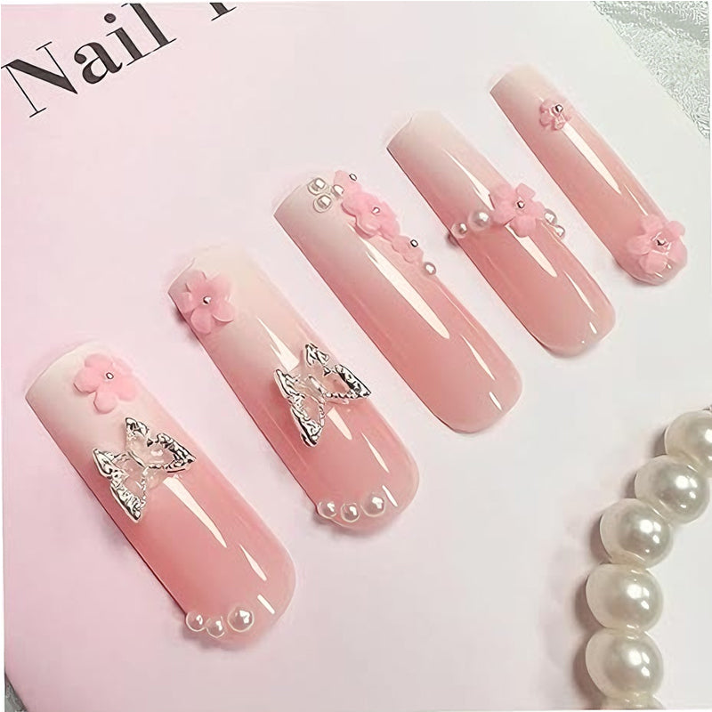 24-Piece Flower Butterfly Press-On Nails - Long Square Pink Fake Nail Set