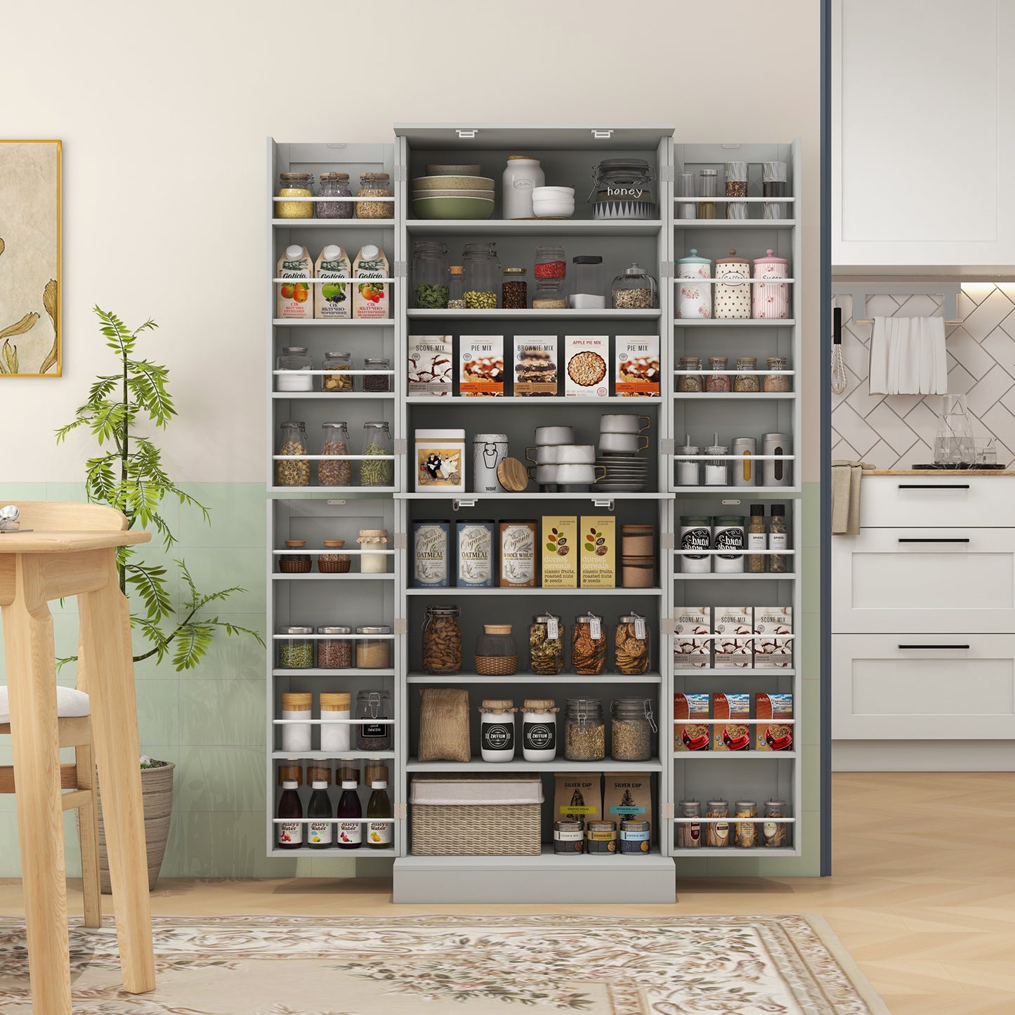 65" Kitchen Pantry Cabinet with 4 Doors and 16 Shelves - Gray