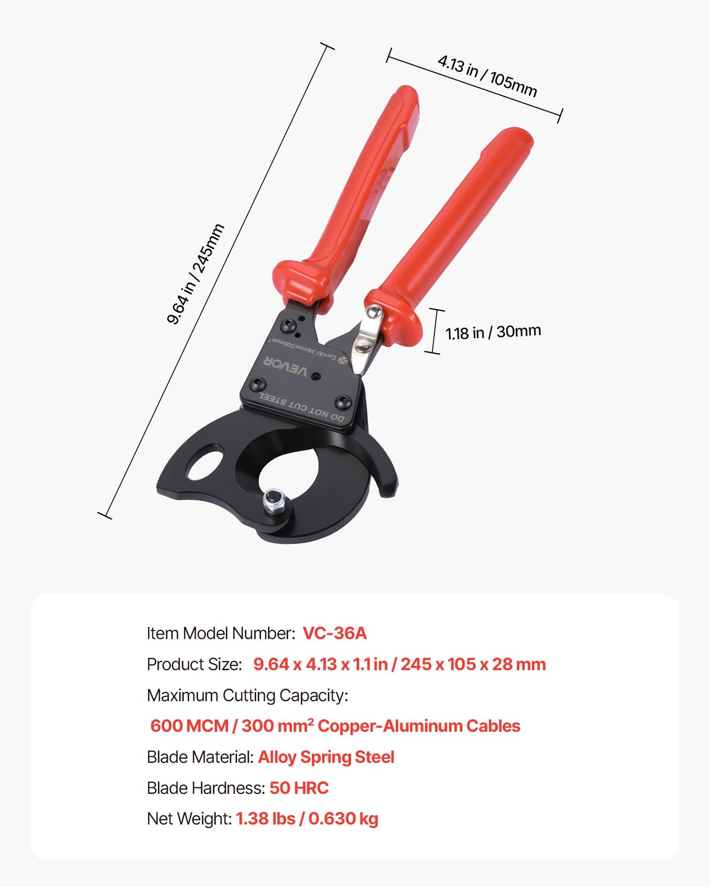 Heavy Duty Ratchet Cable Cutter for Copper & Aluminum Wires - 600 MCM, Insulated Handles