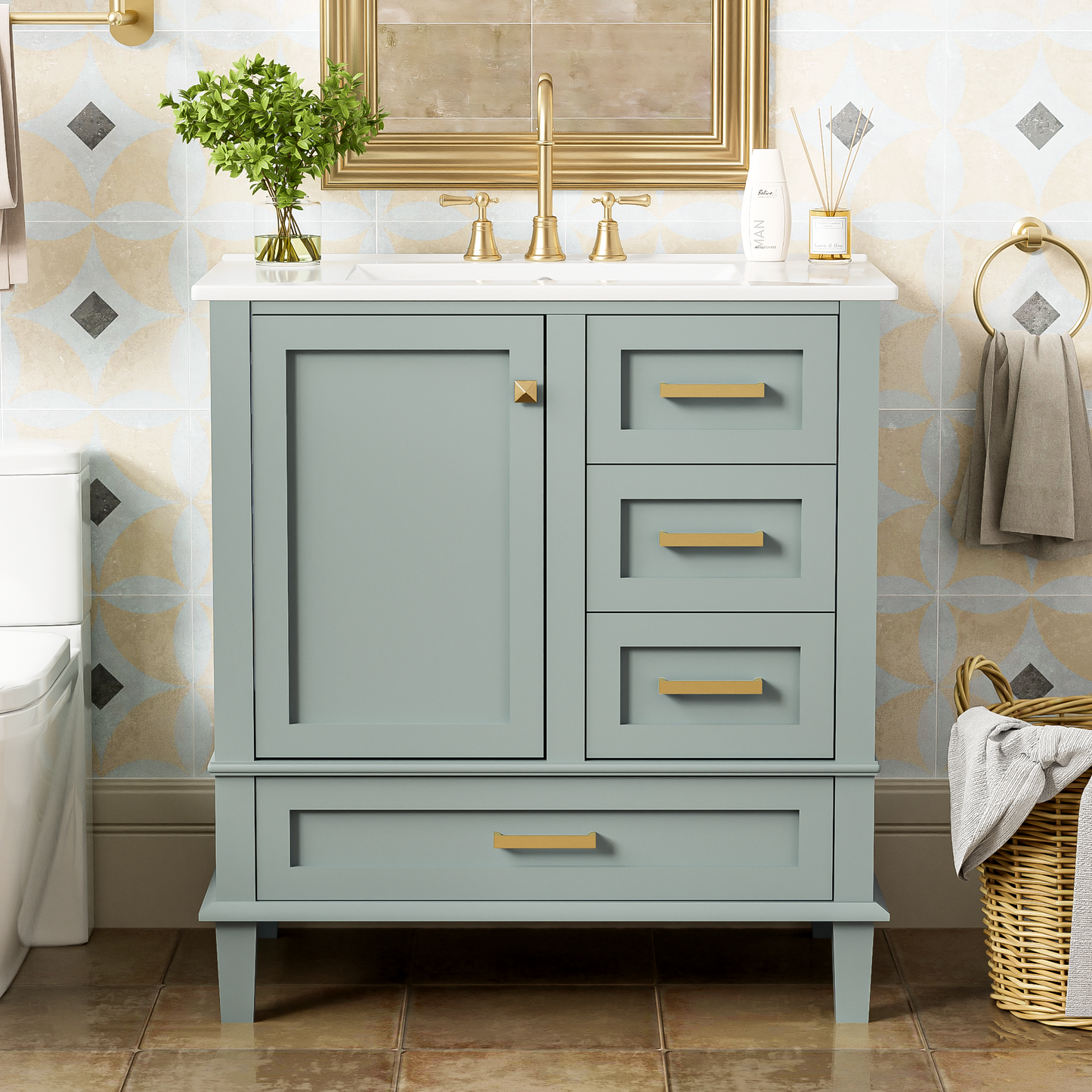 30-Inch Modern Bathroom Vanity Set with Sink & 3 Drawers - Sage Green