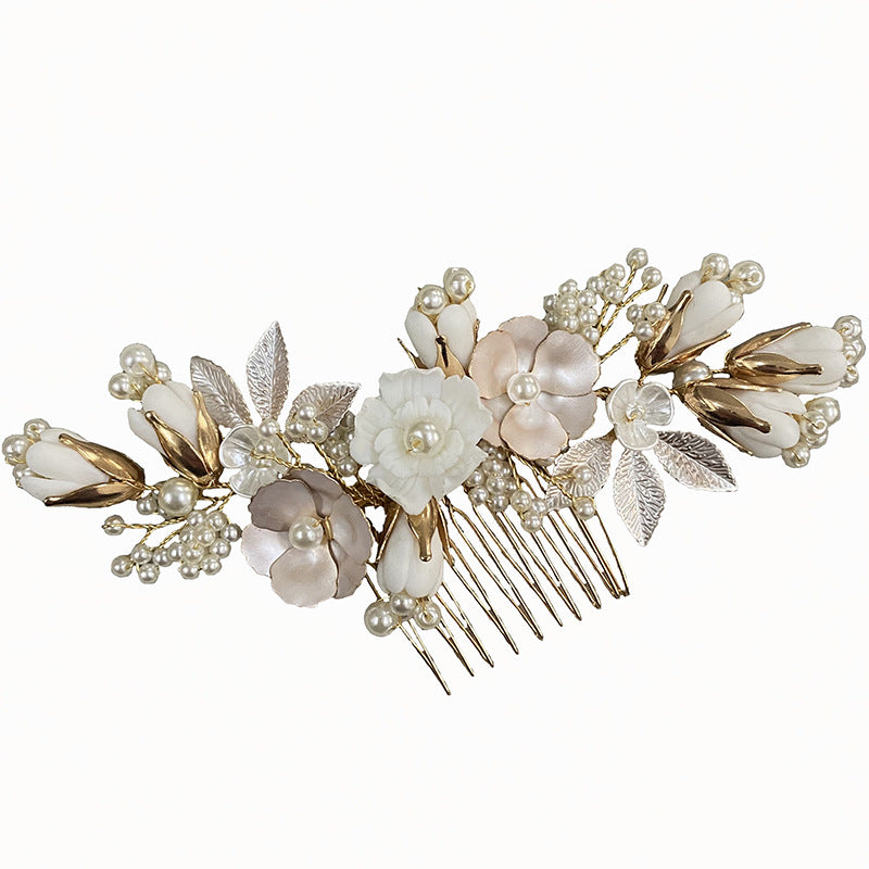 Ceramic Flower Wedding Hair Comb - Handmade Bridal Headwear